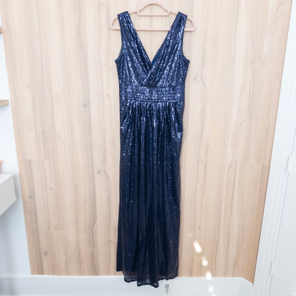Kate Kasin Sequin Maxi Gown Small Blue V-Neck Sleeveless Formal Glam Prom Gala